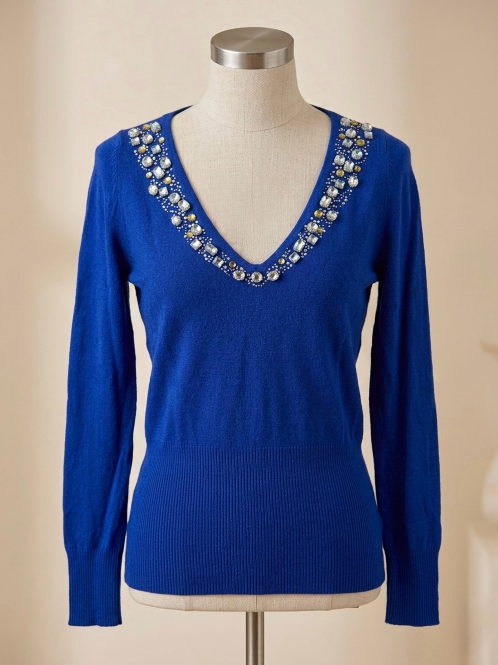 Boston Proper Royal Blue V-Neck Sweater with Beaded Neckline